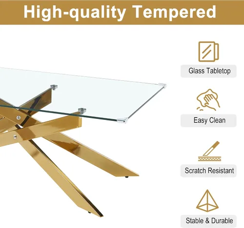 Vista 6 de Mesa de centro rectangular moderna de cristal, mesa central de vidrio templado y patas de metal chapado en oro para sala de estar, oficina en casa