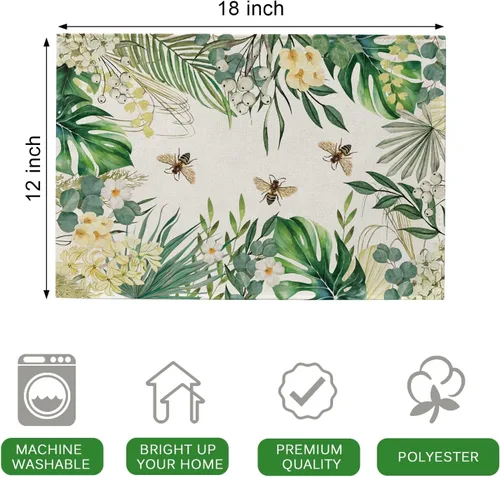 Vista 2 de Seliem Juego de 4 manteles individuales florales con plantas tropicales, primavera y verano, hojas de palma, flor de Monstera, abeja, manteles