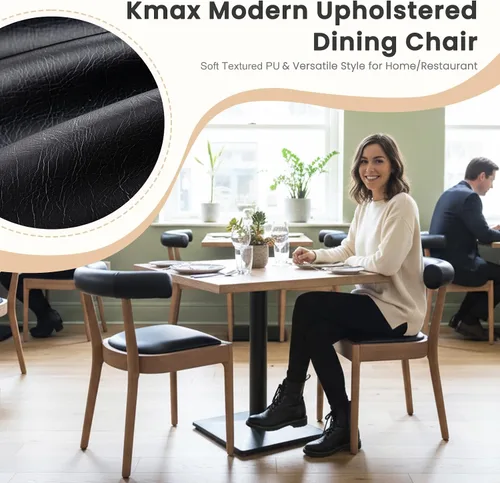 Vista 4 de Kmax Sillas de comedor de mediados de siglo modernas sillas de cocina de cuero con marco acabado de nogal natural, respaldo curvado de poliuretano