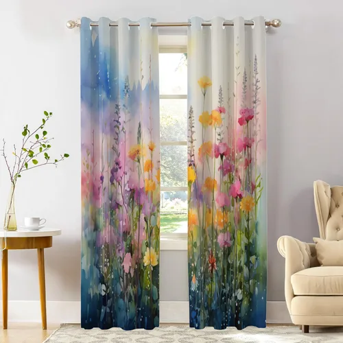 Vista 72 de Shrahala Floral Abstract Design Blackout Curtain Tiers, Minimalist Flower Illustration Kitchen Valance Light Blocking Tier Drapes with Rod Pocket, 2