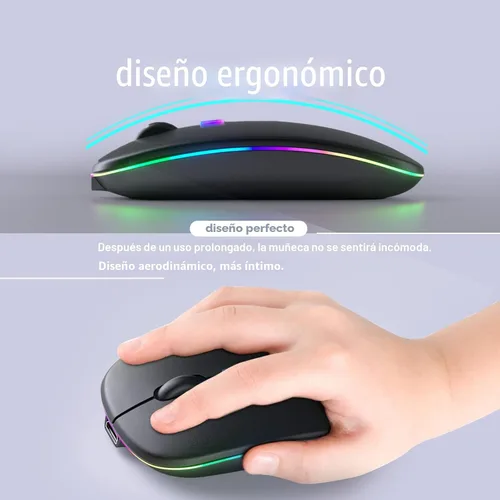 Vista 5 de KANMABPC Mouse inalámbrico Bluetooth – Recargable, silencioso, modo dual (Bluetooth 5.2 y USB) con luces LED – Portátil para laptop, escritorio