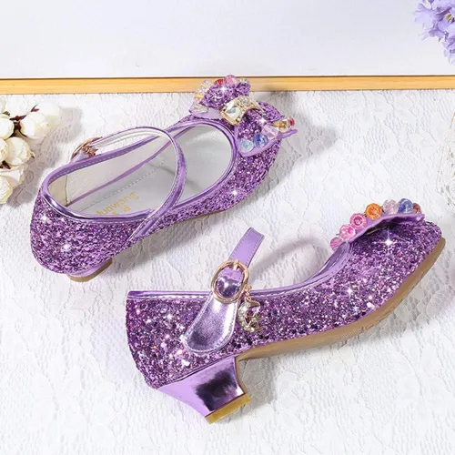 Vista 4 de BININBOX Zapatos de vestir brillantes de Mary Jane para niños y niñas, para bodas, fiestas, damas de honor, tacón alto, princesa con purpurina