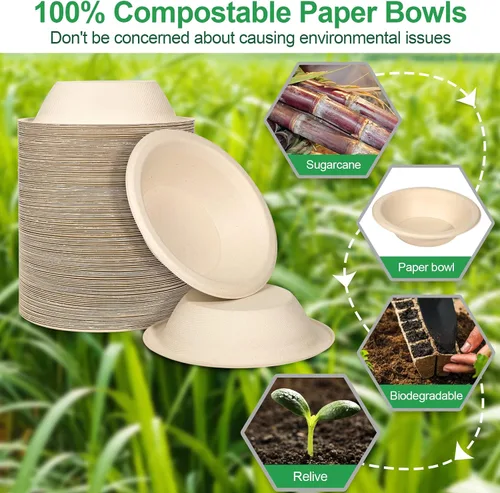 Vista 4 de Cuencos desechables de papel para sopa – Paquete de 50 unidades, resistentes, biodegradables y compostables hechos de caña de azúcar, 20 onzas