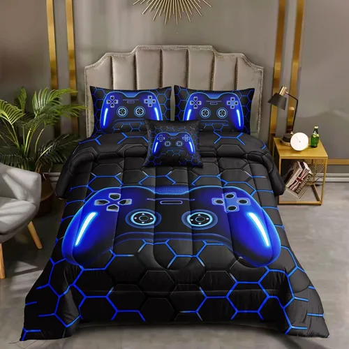Vista 2 de ROWADALO Juego de ropa de cama en una bolsa de 5 piezas para niños y adultos, juego de edredón para jugadores, juego de cama individual con edredón