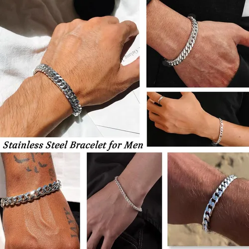 Vista 6 de Pulsera de plata para hombre, pulsera de eslabones cubanos de acero inoxidable, cuerda resistente, juego de pulseras de cadena cubana Figaro