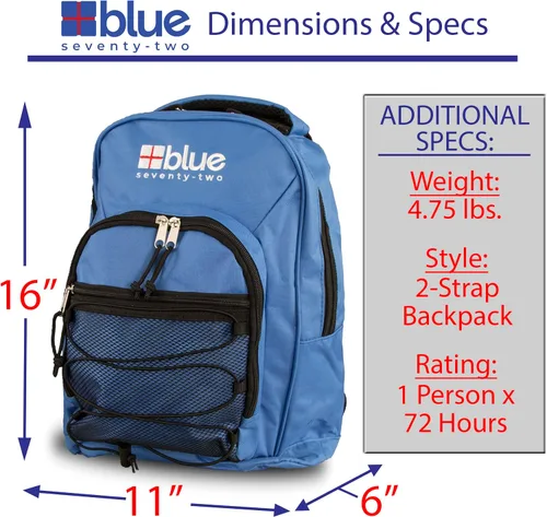 Vista 3 de Blue Coolers Blue Seventy-Two Kits de supervivencia de mochila de emergencia de 72 horas para 1 persona Kit de supervivencia para incendios