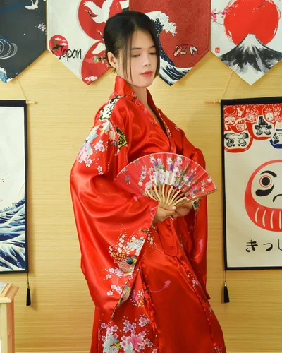 Vista 4 de PLULON 5 piezas bata japonesa Geisha Yukata vestido flor satén albornoz