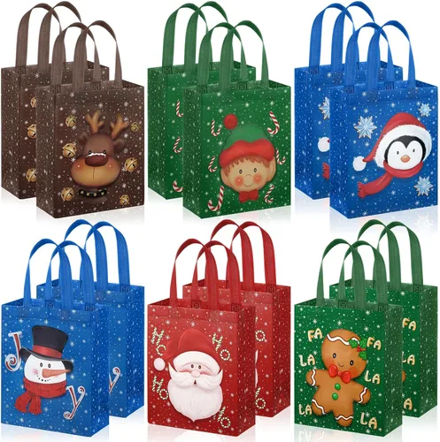 Vista 8 de Clysee 6 bolsas de regalo de Navidad con asas, tela no tejida, bolsas reutilizables para fiestas de Navidad, 6 estilos de 10.2 x 8.3 pulgadas