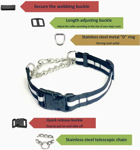 Vista 2 de Collar Martingale para perros, collares de nailon ajustables con hebilla de liberación rápida, rayas multicolores, cadena de acero inoxidable
