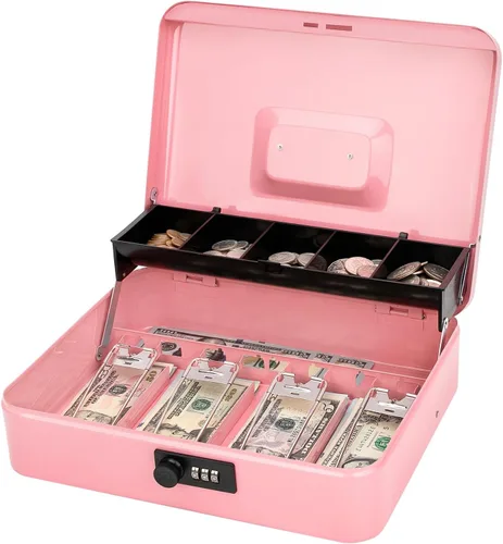 Vista 10 de Jssmst - Caja de efectivo de metal grande con bandeja de dinero,Caja de bloqueo