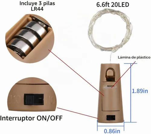 Vista 6 de Luces para Botella de Vino 20 LEDs, Luces de Corcho Impermeables, Pilas (Incluídas), Mini Cadena de Luces de Hadas Operadas con Batería para DIY