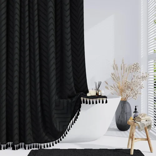 Vista 9 de Dynamene - Cortina de ducha de tela bohemia con rayas con chebrón en relieve, juego de cortina angosta para baño, media cortina impermeable de A.