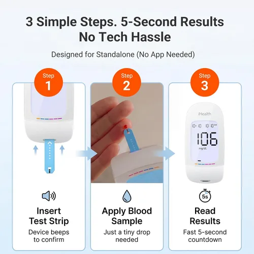 Vista 3 de Kit de monitor de glucosa en sangre iHealth Acacia, 100 tiras de glucómetro, 100 lancetas, 1 monitor de azúcar en sangre, 1 dispositivo de punción