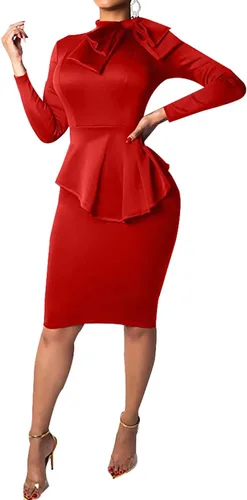 Vista 5 de WanMem Vestido de cóctel formal ajustado con péplum para mujer, manga corta, con lazo, volantes, vestido de tubo para fiesta