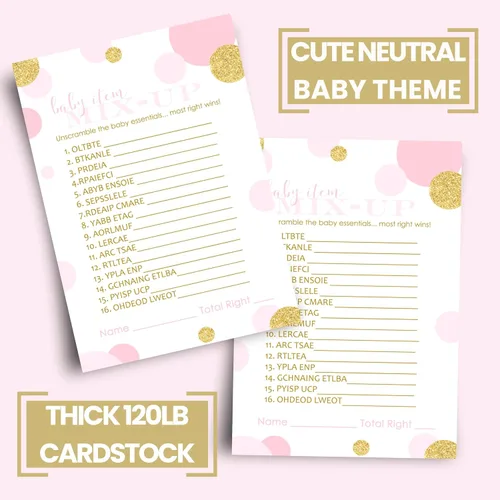 Vista 4 de Paper Clever Party Juegos de baby shower rosa y dorado para niñas, tarjetas de palabras Scramble, divertidas actividades de baby shower, tema