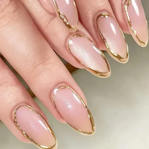 Vista 19 de MISUD Uñas a presión – Uñas con pegamento de almendras medianas con cromo, diseño de punta francesa acrílica, 24 piezas