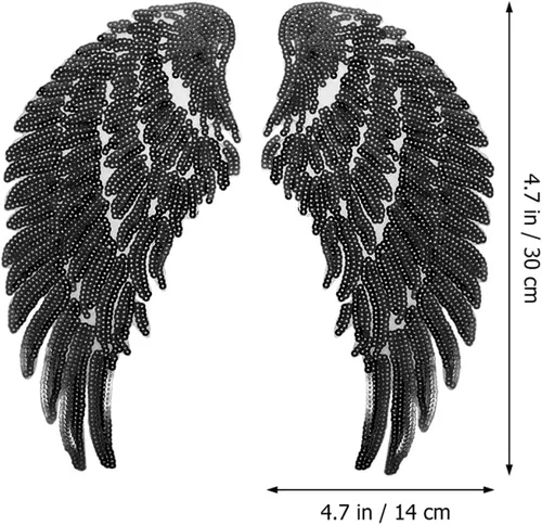 Vista 2 de Amosfun Sequin Angel Wings Embroidered Iron-on Clothes Applique Patch 2 Pairs Black DIY Garment Sewing Decor for Jackets Shirts Craft