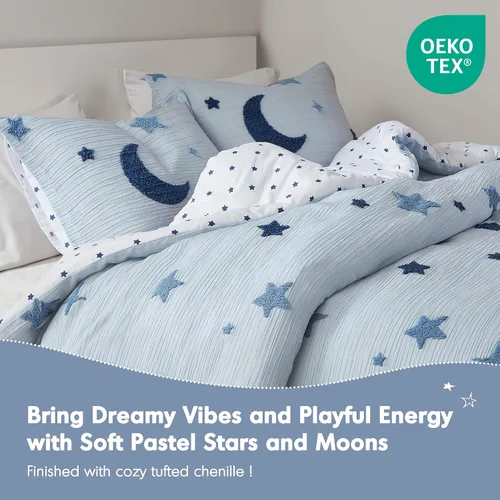 Vista 2 de Intelligent Design Kids Cosmos Juego de Edredón Tamaño Twin – Chenilla Tufted con Estrella Azul y Luna, Ropa de Cama Reversible de 2 Piezas
