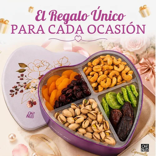 Vista 8 de Oh! Nuts Cesta de regalo de frutas secas y nueces en forma de corazón – 6 variedades dulces y saladas surtido de lata – pistachos, anacardos