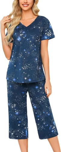 Vista 25 de ENJOYNIGHT Conjuntos de pijama de algodón para mujer, pijamas de verano con pantalones capri, ropa de dormir Gato negro