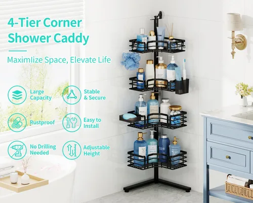 Vista 2 de HapiRm Corner Shower Caddy Stand - 4-Tier Adjustable Shower Shelves, Black