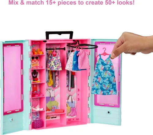 Vista 7 de Set de armario de Barbie con 3 conjuntos, accesorios de estilo y perchas, ropa para mezclar y combinar para más de 50 looks