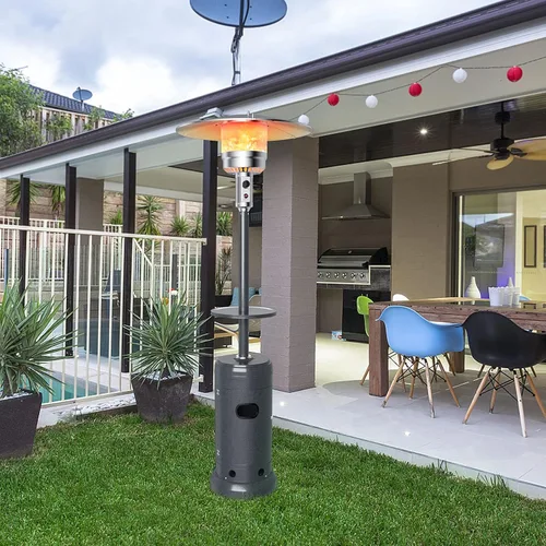 Vista 2 de COSTWAY - Calentador de patio de 50,000 BTU con propano, con estante para bebidas en la mesa, ruedas, sistema de encendido simple y depósito