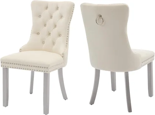 Vista 64 de Juego de 2 sillas de comedor de terciopelo, silla de comedor tapizada de alta gama con tirador de anillo en la espalda, adorno de clavos y patas