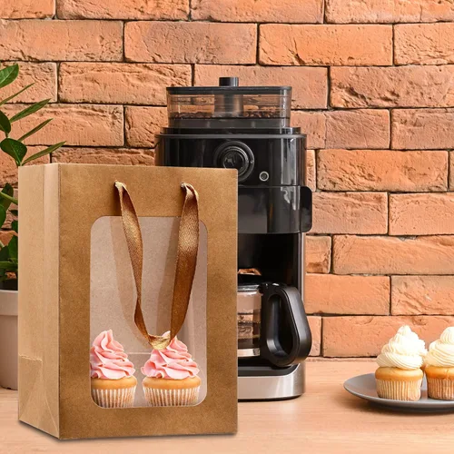 Vista 6 de Yexiya 15 bolsas de regalo de papel con ventana transparente, 7 x 5 x 10 pulgadas, bolsas de compras de papel kraft para bodas, cumpleaños