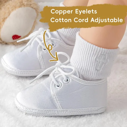 Vista 2 de Booulfi Zapatos de bebé para caminar, color blanco, para recién nacido, botines de Pascua, bautizo, regalos para niños y niñas