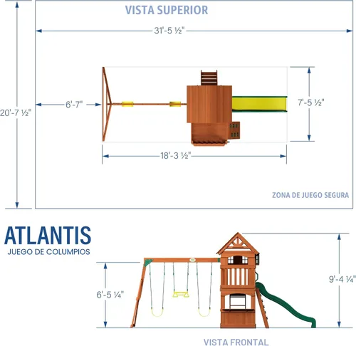 Vista 3 de Backyard Discovery Atlantis - Juego de columpio de madera de cedro con tobogán ondulado, casa club elevada, pared de roca, columpios de cinturón
