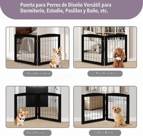 Vista 6 de LZRS Puerta plegable independiente de madera para perros de 2 paneles, madera maciza y alambre de acero, barrera para mascotas resistente a las Negro