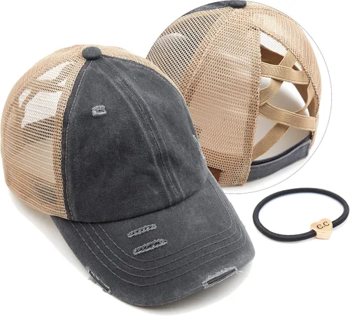 Vista 63 de C.C Gorra de béisbol de malla con diseño de estrella brillante, gorra de camionero ajustable para moño o cola de caballo Una banda elástica-negro