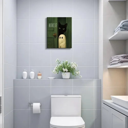 Vista 4 de Divertido arte de pared de baño con fantasma, gato y fantasma, bonita decoración de pared de baño de Halloween, divertida obra de arte de gato