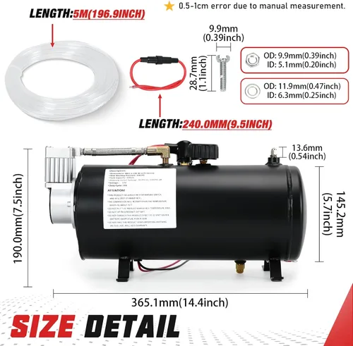 Vista 6 de PTNHZ Bomba de Tanque de Compresor de Aire DC 12V MAX 150PSI con Tanque de 3 Litros 0.8 Galones Para Tren, Camión, Barco, Camioneta, Autocaravana.