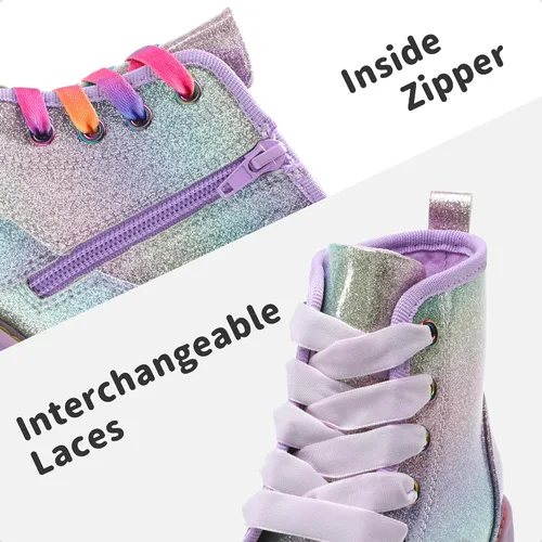 Vista 4 de DREAM PAIRS Botas de tobillo con purpurina para niñas y niños, zapatos de combate con cremallera lateral con cordones (bebéniño pequeñoniño grande)