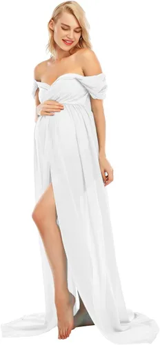 Vista 5 de ZIUMUDY Vestido de gasa de maternidad con hombros descubiertos para sesión de fotos, vestido largo de encaje frontal dividido para fotografía