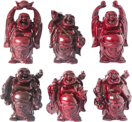 Vista 10 de Juego de 6 estatuas chinas de Buda de la suerte que ríe de resina, figuras de Buda feliz Feng Shui para la suerte, riqueza, buen regalo y colección