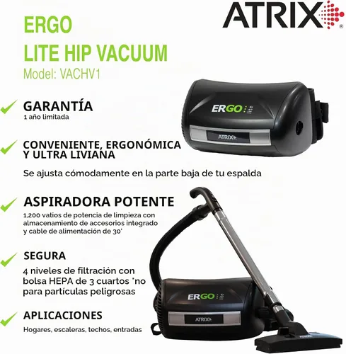 Vista 6 de Atrix - VACHV1 ERGO Lite - Aspiradora de cadera ligera, potente y ergonómica con cable Negro