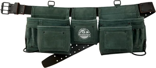 Vista 4 de Graintex Cinturón de herramientas de cuero de gamuza profesional de 11 bolsillos, bolsa de herramientas, color verde lima, cinturón de cuero/correa