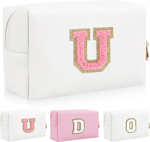 Vista 36 de Bolsa de maquillaje con parche de letra inicial personalizada, bolsa de cosméticos de chenilla preppy con letra de chenilla con cremallera, Y