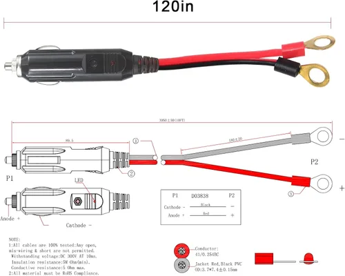 Vista 4 de Enchufe Macho de Encendedor de Cigarrillos a Terminales de Ojal 12V 10 Pies - Cable de Extensión de Enchufe Macho de Encendedor de Cigarrillos 12V