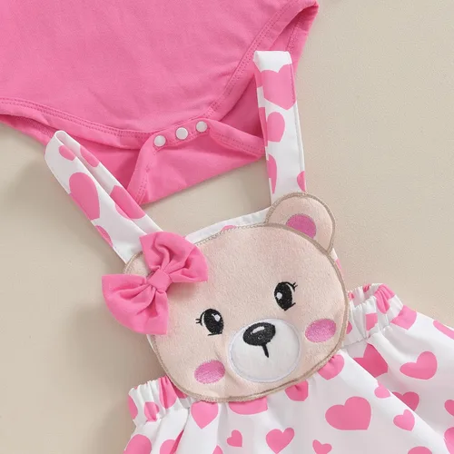 Vista 5 de Conjunto de 2 piezas para el día de San Valentín para bebé niña, mameluco de manga larga con tirantes de encaje y corazón, 2 piezas para otoño e