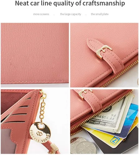 Vista 3 de Bolso corto de piel sintética con bloqueo RFID para mujer, cartera de mano mediana plegable para tarjetas, monedero, organizador pequeño para mujer