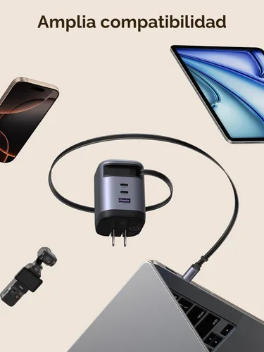 Vista 8 de UGREEN Nexode - Cargador retráctil USB C de 100 W GaN con cable integrado, adaptador de pared de carga rápida de 3 puertos para laptop, MacBook