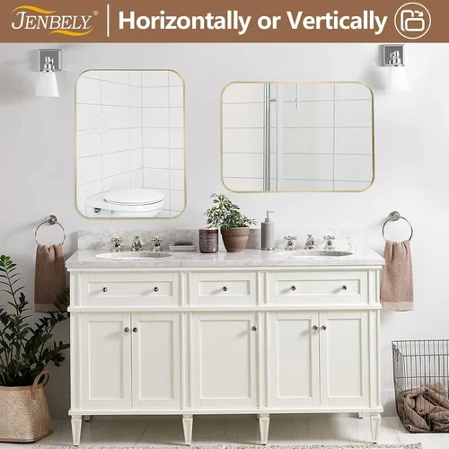 Vista 7 de Espejo de baño de níquel cepillado de 16 x 24 pulgadas, espejo rectangular enmarcado con esquina redondeada, espejo cepillado, espejo de baño