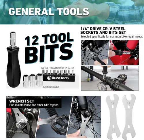 Vista 8 de DURATECH Kit de herramientas de bicicleta de 31 piezas, kit completo de reparación de bicicletas con caja de almacenamiento, herramientas