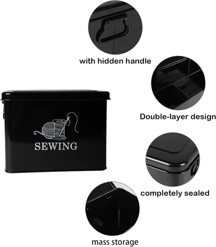 Vista 2 de Cesta de costura de metal de 2 niveles con bandeja extraíble, organiza suministros de costura, tijeras, hilo, alfileres y clips con estilo (negro)