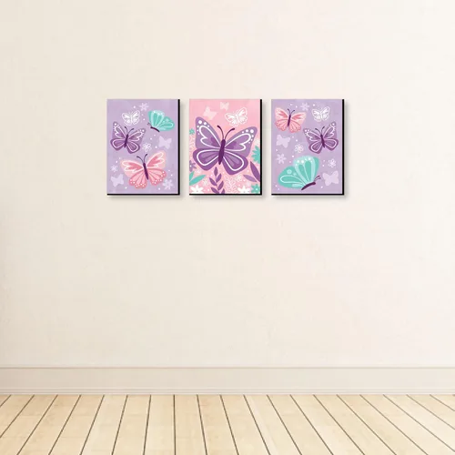 Vista 3 de Big Dot of Happiness Hermosa mariposa – Arte de pared floral para guardería y decoración de habitación infantil – 7.5 x 10 pulgadas – Juego de 3