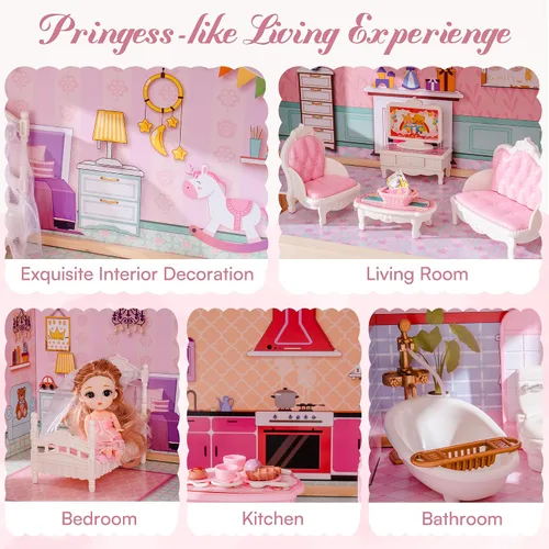Vista 5 de ROBUD Casa de madera para muñecas, juego de casa de muñecas con 24 piezas de accesorios exquisitos, ascensor que funciona, regalo para niños de 3